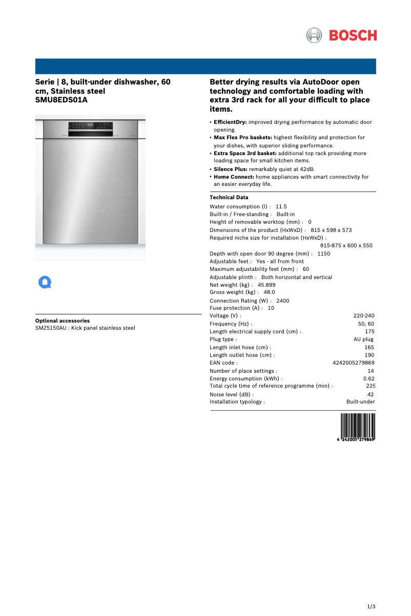 Page 1 de la notice Fiche technique Bosch SMU8EDS01A