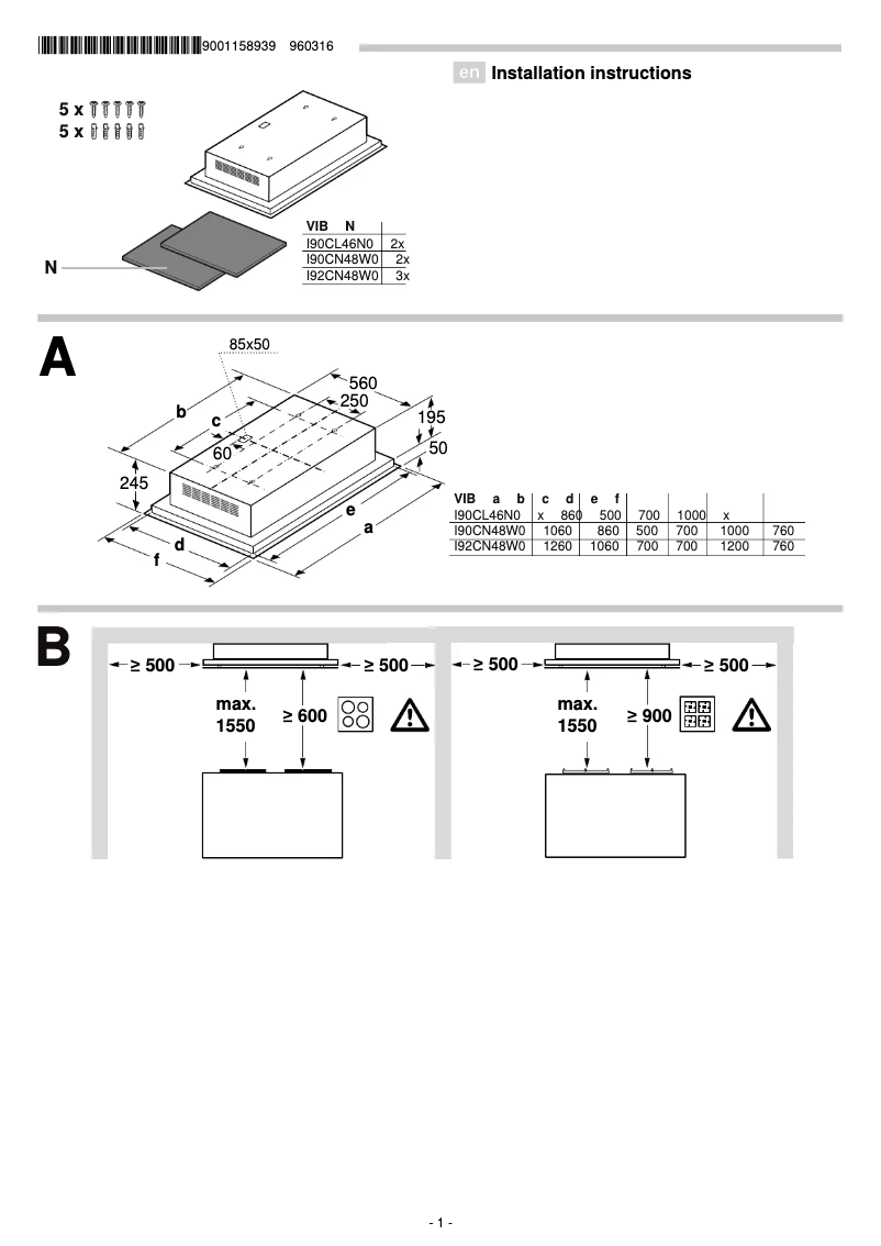 Page 1 de la notice Guide d'installation Neff I90CL46N0