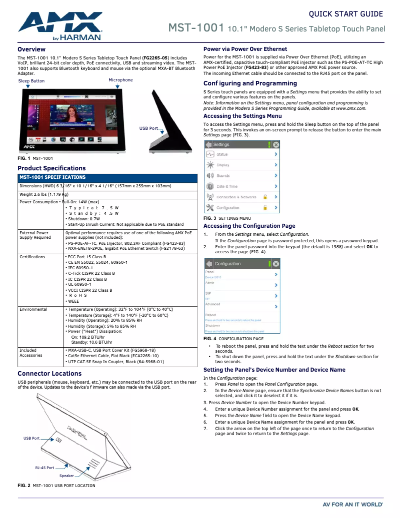 Page 1 de la notice Guide de démarrage rapide AMX MST-1001
