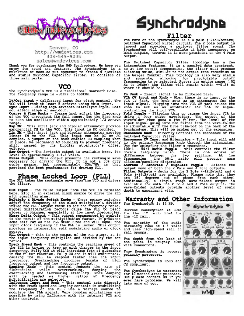 Page 1 de la notice Manuel utilisateur WMD Synchrodyne