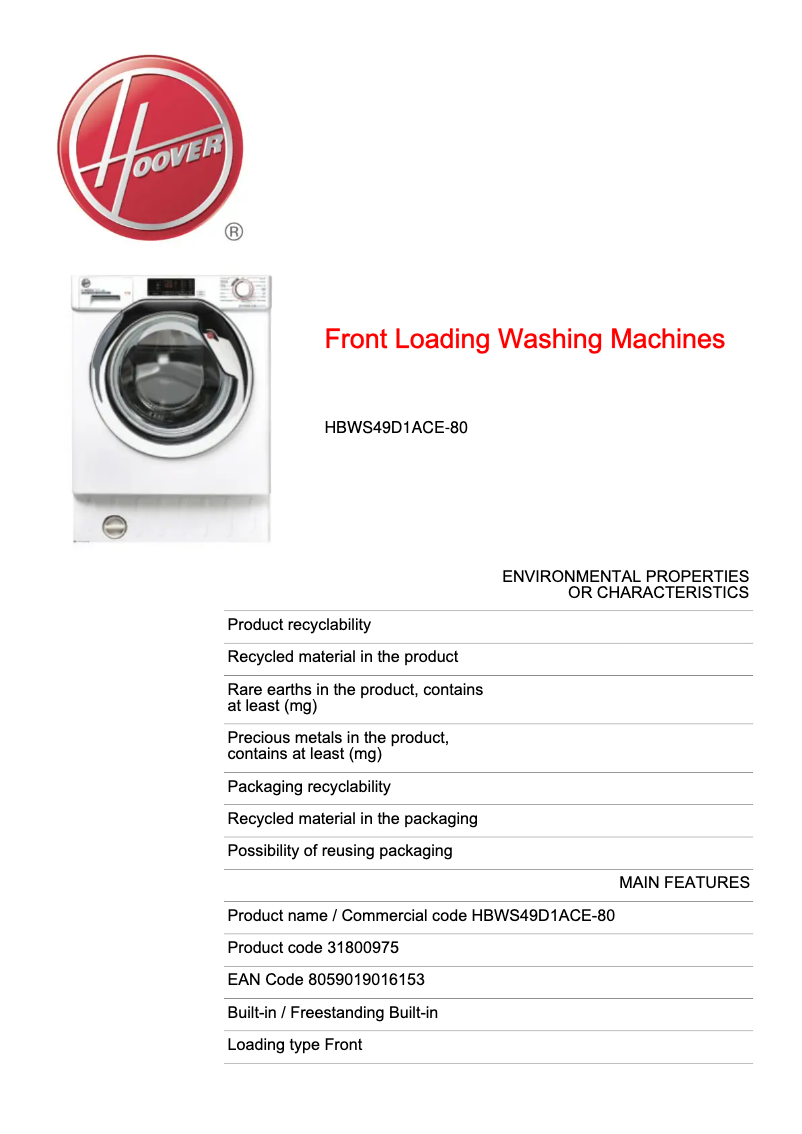 Page 1 de la notice Fiche technique Hoover H-WASH 300 LITE HBWS49D1ACE-80