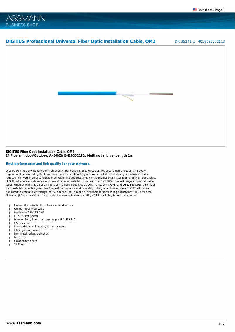 Page 1 de la notice Manuel utilisateur ASSMANN Electronic G50/125 OM2, 1m