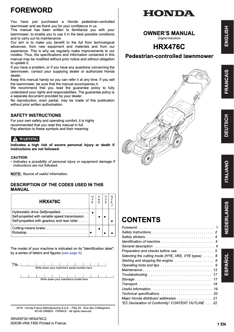 Página 1 del manual Manual de usuario Honda HRX476C