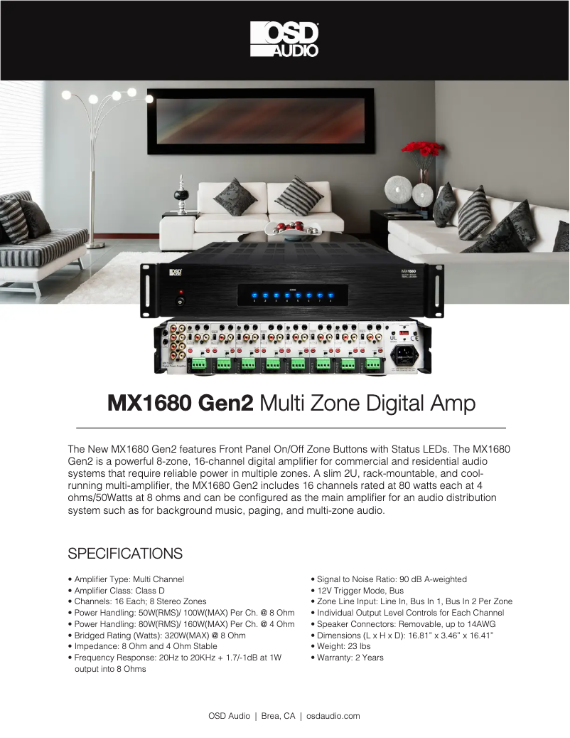 Page 1 de la notice Fiche technique OSD Audio MX1680 Gen2