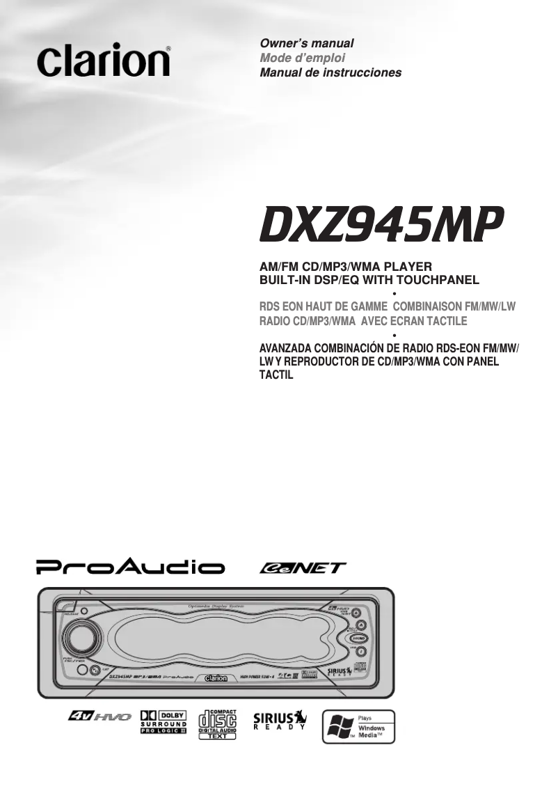 Page n°1 - Manuel utilisateur Clarion DXZ945MP