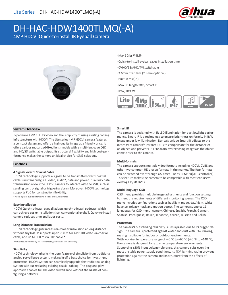 Page 1 de la notice Fiche technique Dahua Technology HAC-HDW1400TLMQ-A
