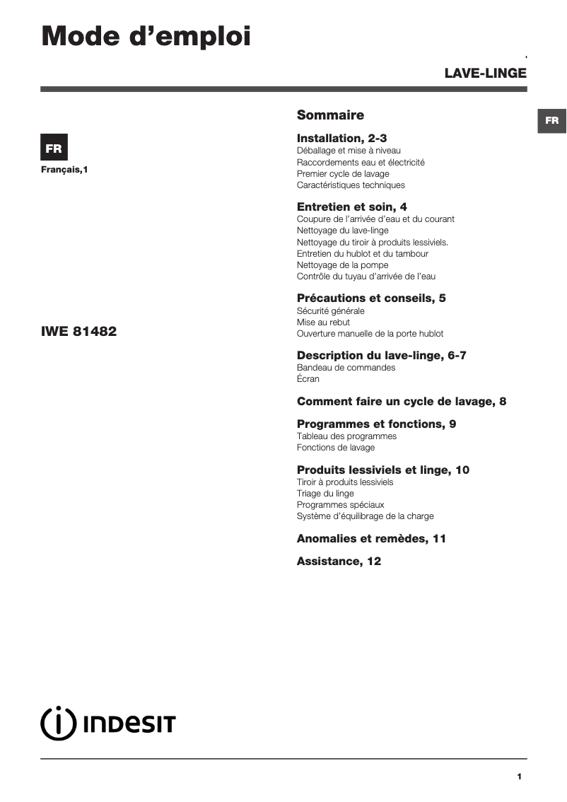 Page n°1 - Manuel utilisateur Indesit IWE 81482 B (FR)