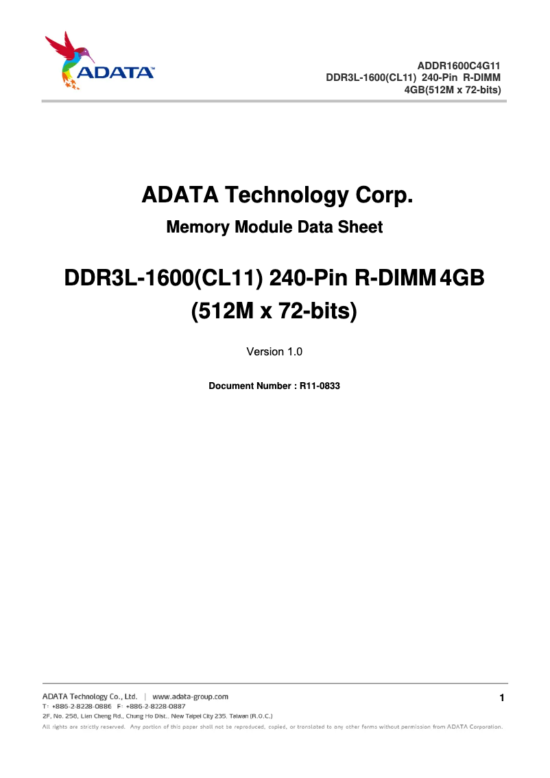 Page n°1 - Manuel utilisateur ADATA DDR3L R-DIMM
