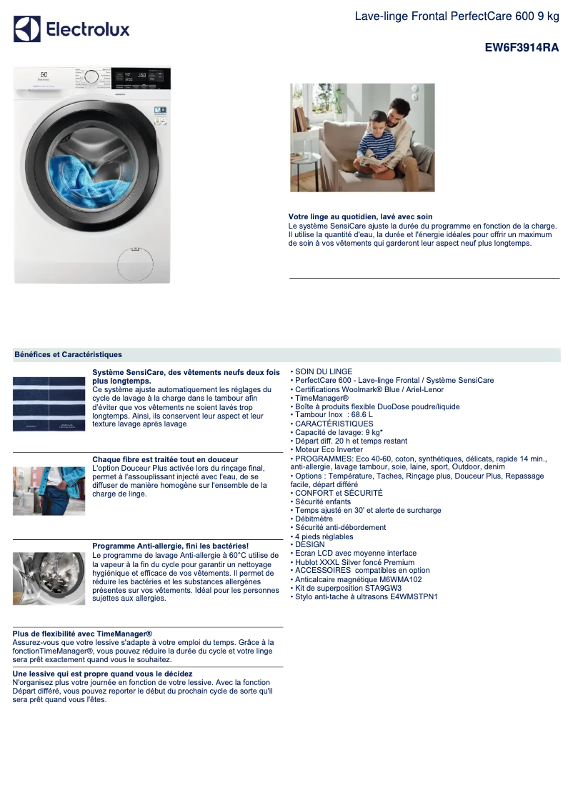 Page 1 de la notice Fiche technique Electrolux EW6F3914RA