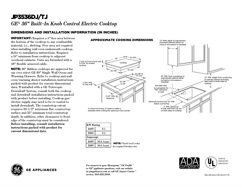 Page 1 de la notice Fiche technique GE JP3536DJBB