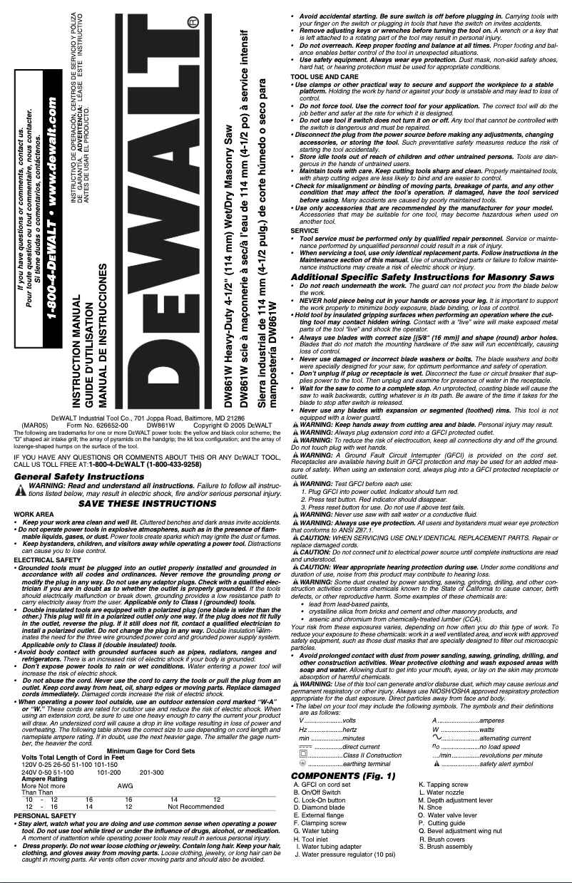 Page 1 de la notice Manuel utilisateur DeWalt DW861W