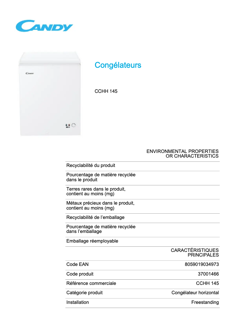 Page 1 de la notice Fiche technique Candy CCHH 145 M