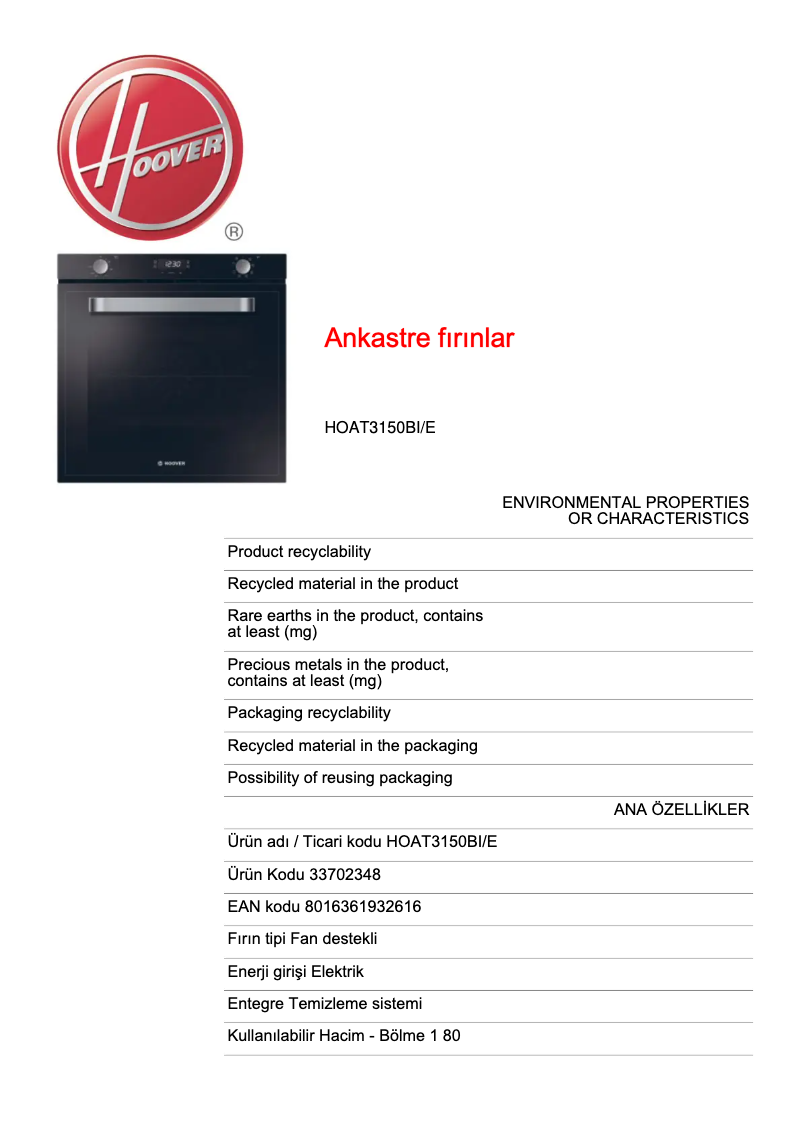 Page n°1 - Fiche technique Hoover HOAT3150BI/E