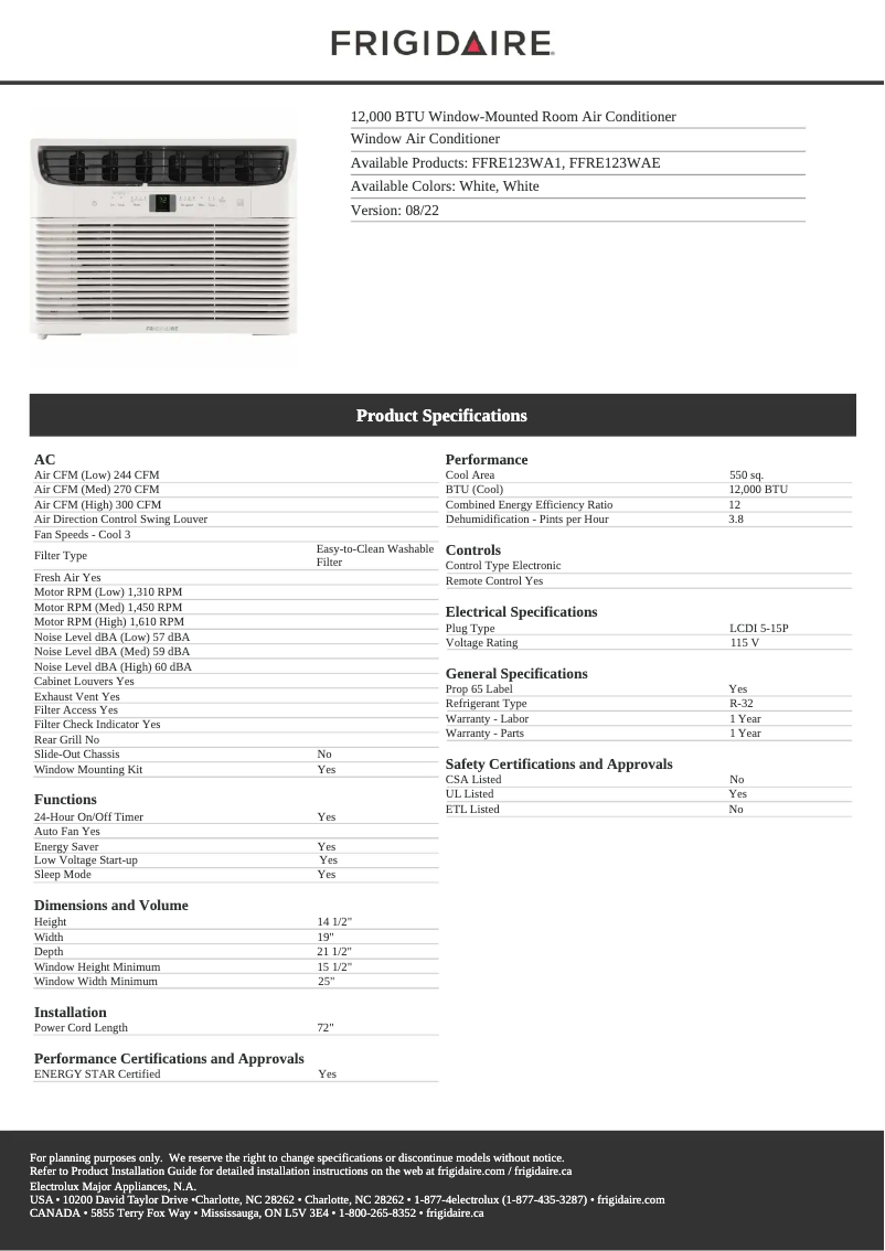 Page 1 de la notice Fiche technique Frigidaire FFRE123WAE