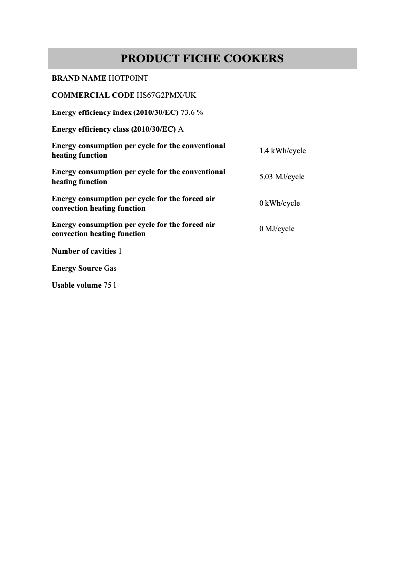 Page 1 de la notice Fiche technique Hotpoint HS67G2PMX/UK