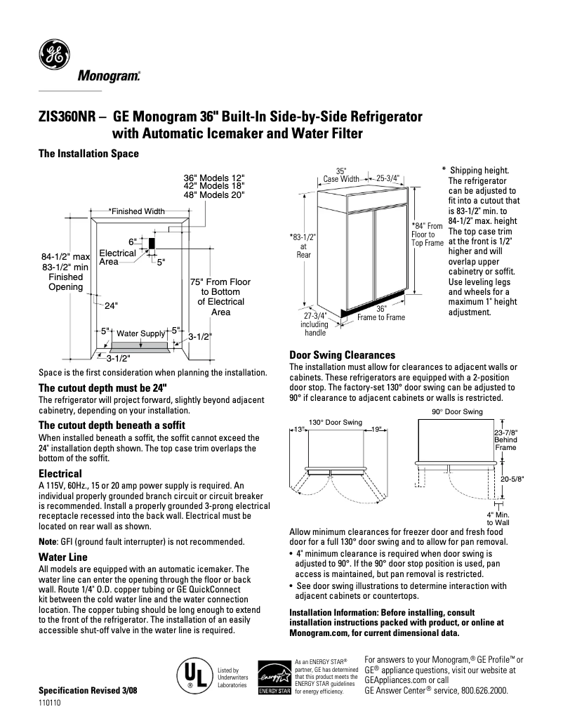 Page 1 de la notice Fiche technique GE ZIS360NR