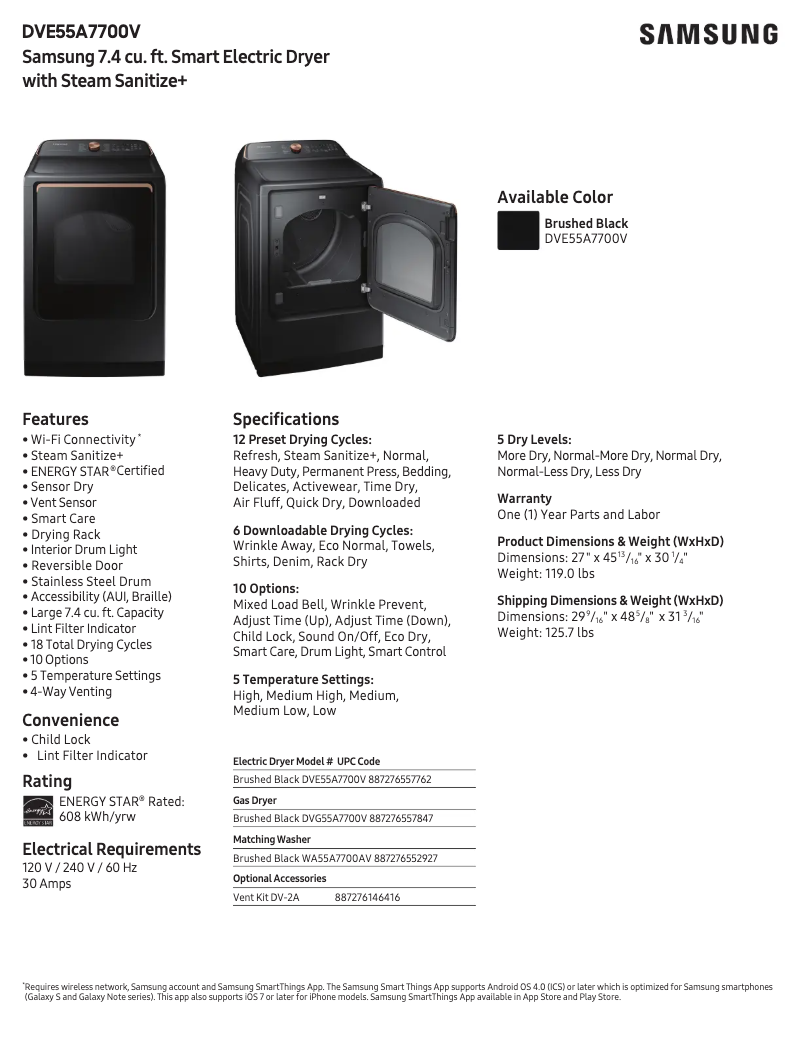 Page 1 de la notice Fiche technique Samsung DVE55A7700V