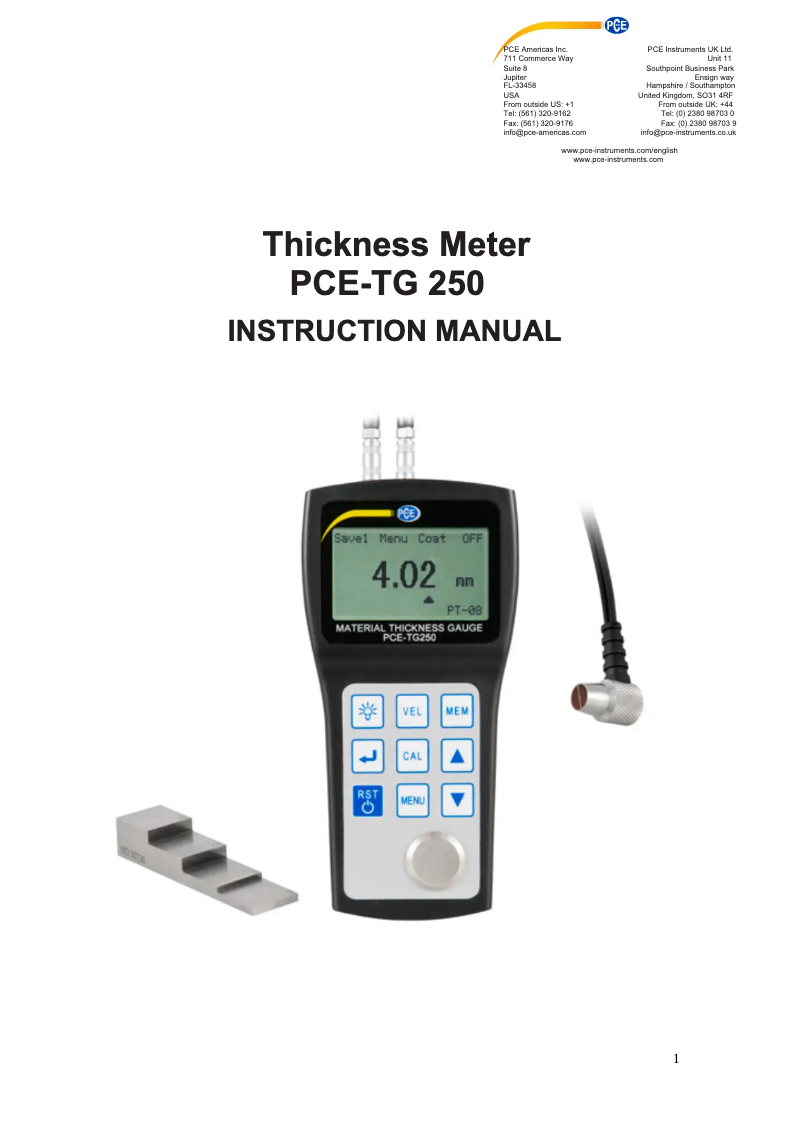 Page 1 de la notice Manuel utilisateur PCE Instruments PCE-TG 250