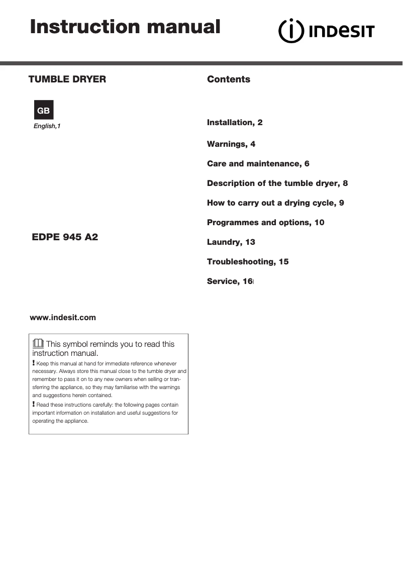 First page image of the manual for EDPE 945 A2 ECO (UK)