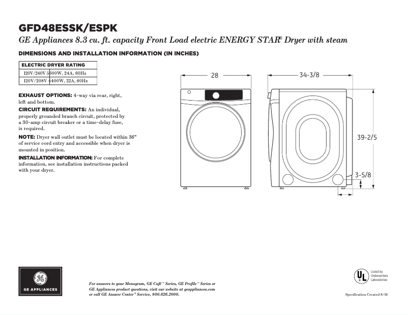 Página 1 del manual Ficha técnica GE GFD48ESSKWW