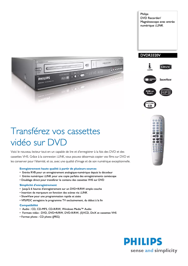 Page 1 de la notice Fiche technique Philips DVDR3320V