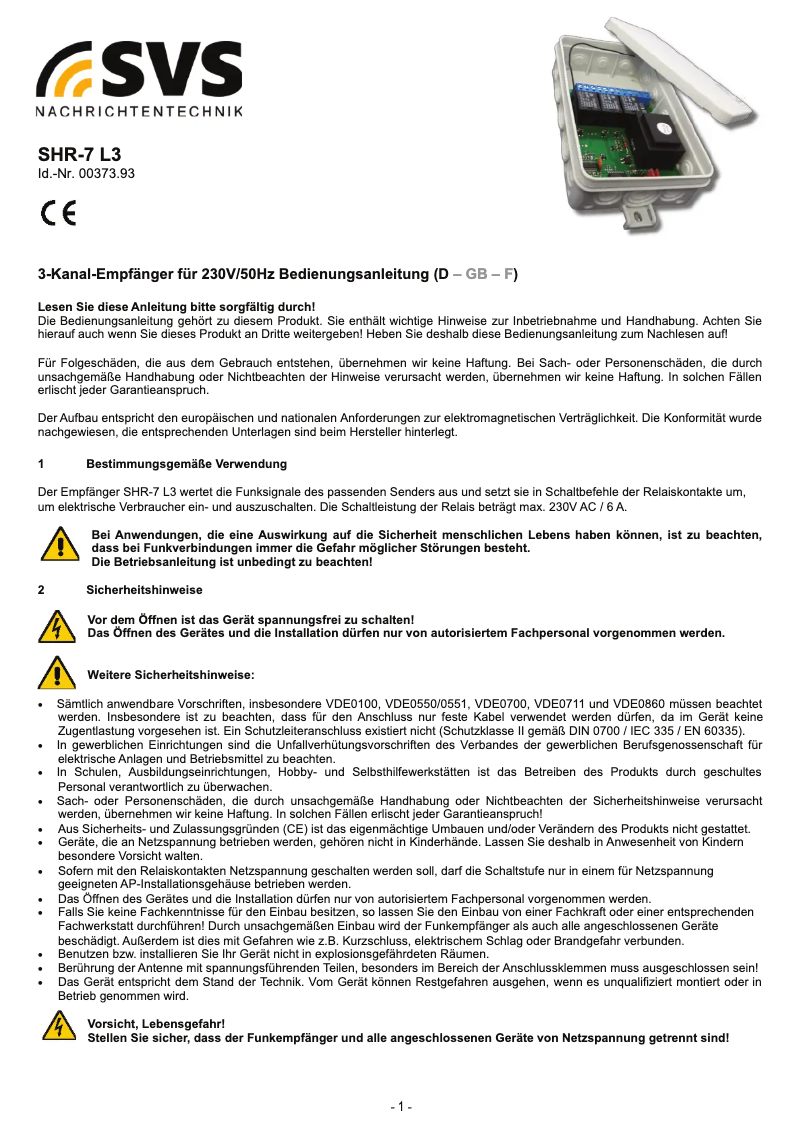 Page n°1 - Manuel utilisateur SVS SHR-7 L3