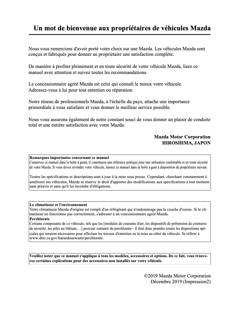 Page 1 de la notice Manuel utilisateur Mazda 3 Sport (2020)