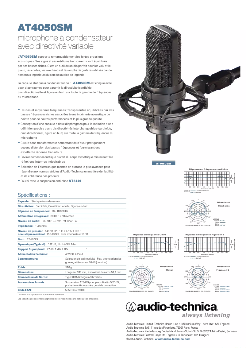 Page 1 de la notice Fiche technique Audio-Technica AT4050