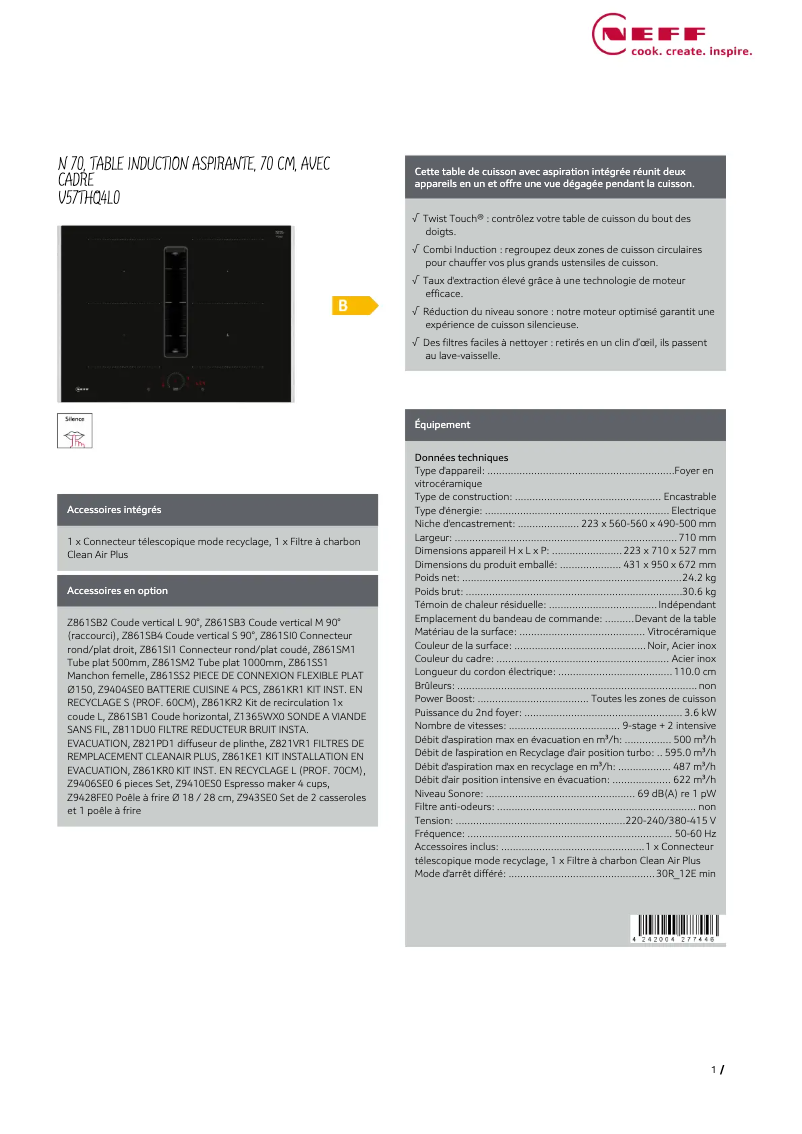 Page 1 de la notice Fiche technique Neff V57THQ4L0