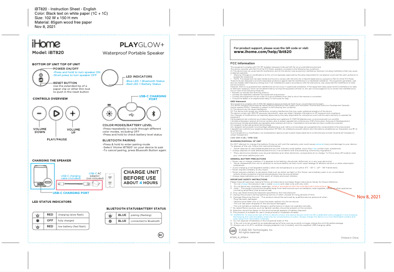 Image de la première page du manuel de l'appareil Playglow+ iBT820