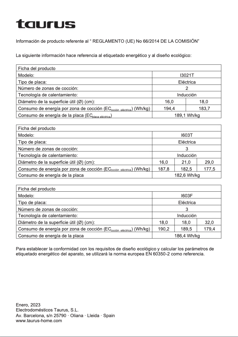 Page n°1 - Label énergétique Taurus I3021T