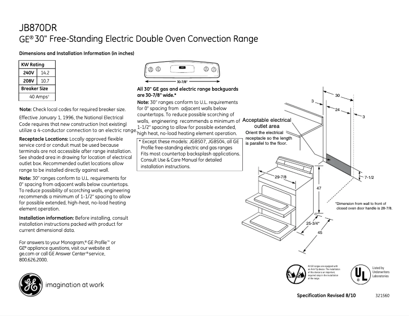 Page 1 of the manual Technical Sheet GE JB870DRWW
