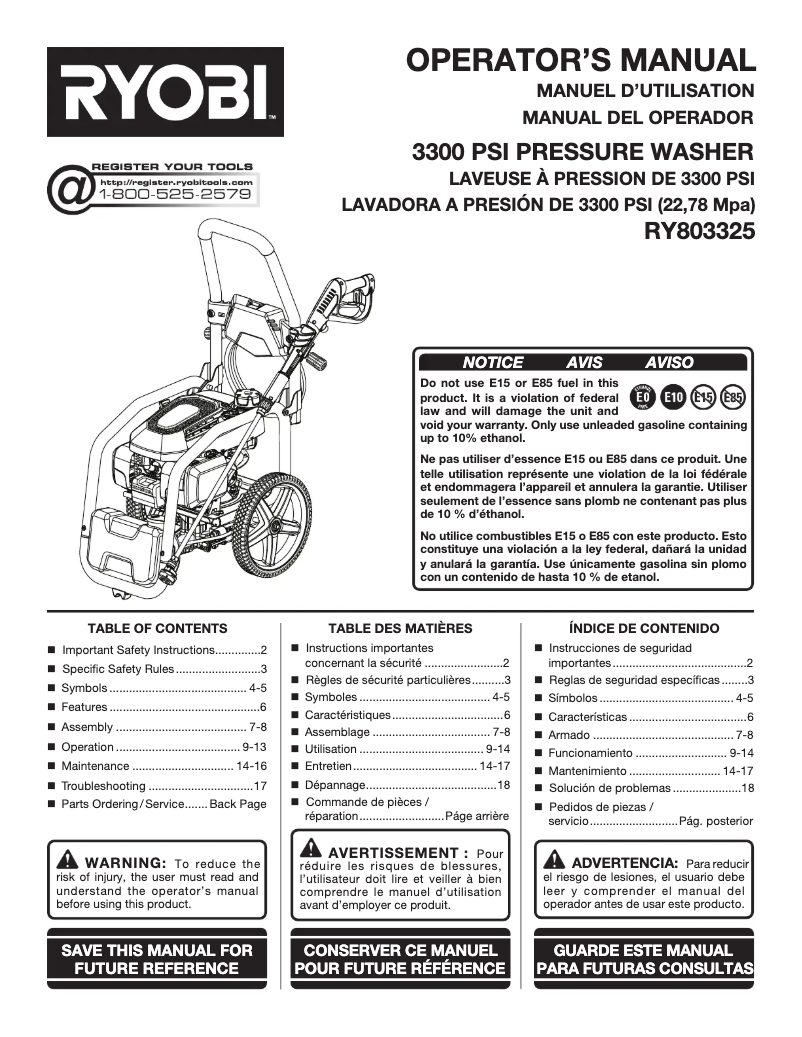 Page 1 de la notice Manuel utilisateur RYOBI RY803325