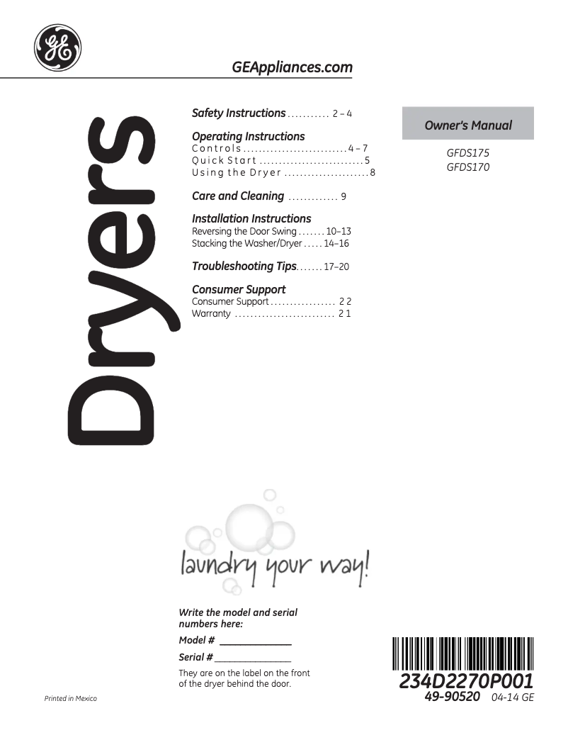 Image de la première page du manuel de l'appareil GFDS175EHDG