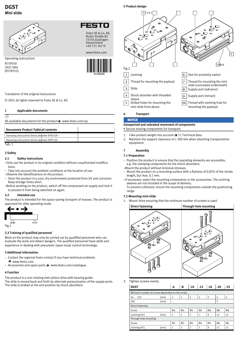 Page 1 de la notice Manuel utilisateur Festo DGST-12-40-Y12A