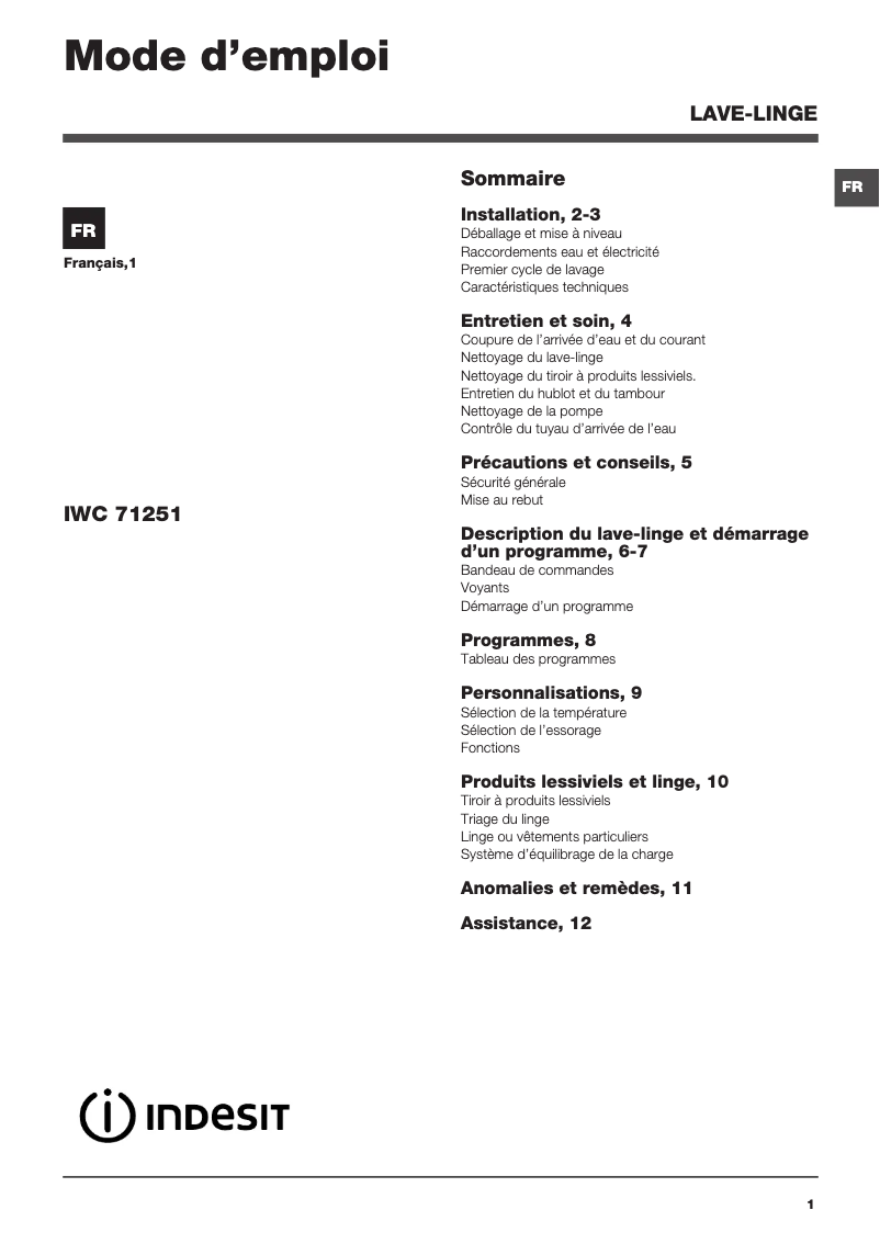 Page 1 de la notice Manuel utilisateur Indesit IWC 71251 C (FR).T