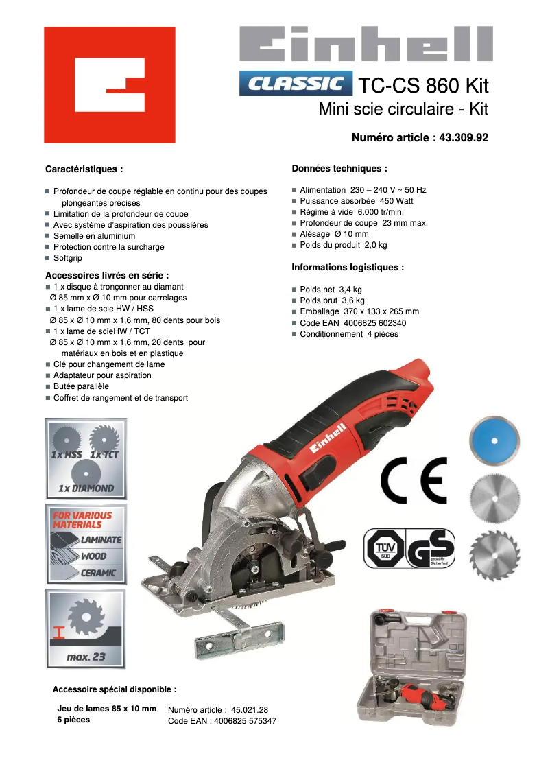 Page 1 de la notice Fiche technique Einhell TC-CS 860 KIT