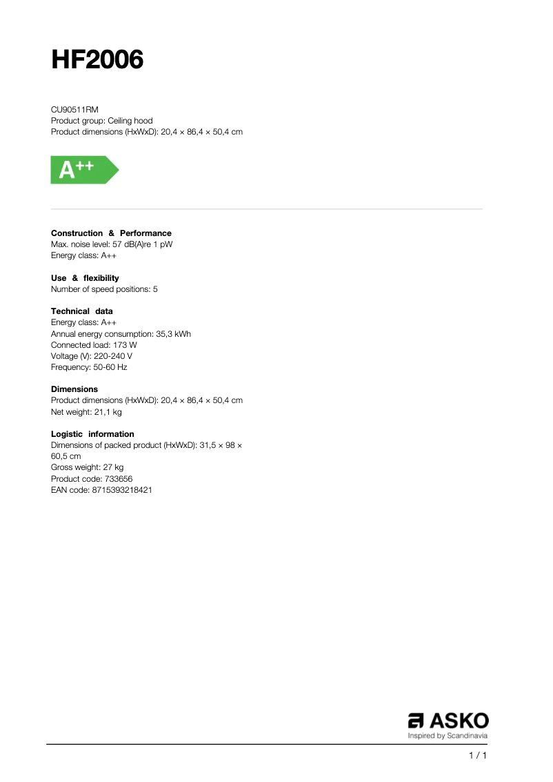 Page 1 de la notice Fiche technique Asko HF2006