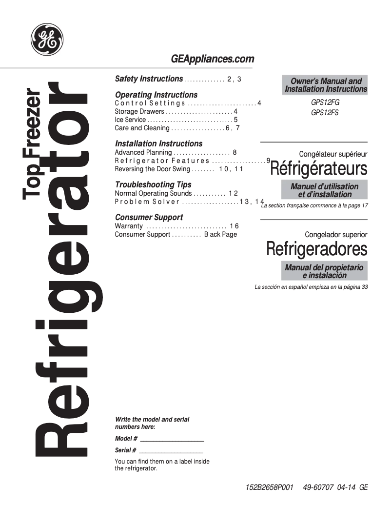Page 1 de la notice Mode d'emploi GE GPS12FGHBB
