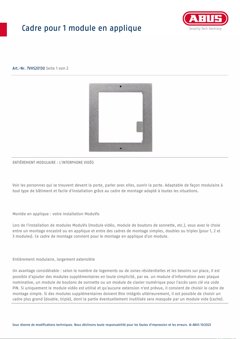 Page 1 de la notice Fiche technique Abus TVHS20130