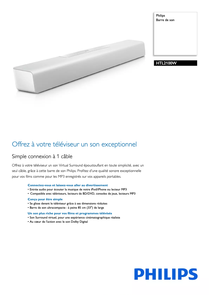 Page 1 de la notice Fiche technique Philips HTL2100W
