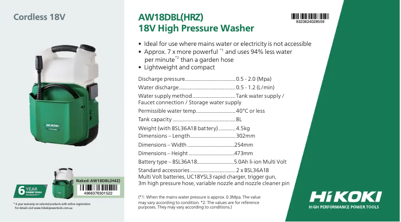 Page 1 de la notice Fiche technique HiKOKI AW 18DBL
