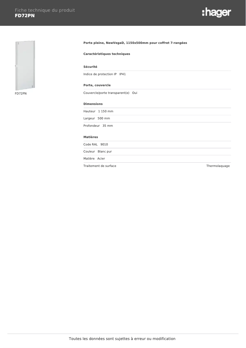 Page n°1 - Fiche technique Hager FD72PN