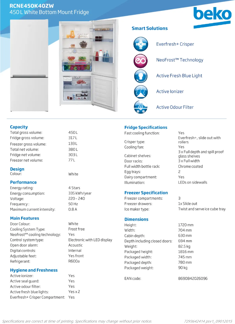 Page 1 de la notice Fiche technique Beko RCNE450K40ZW