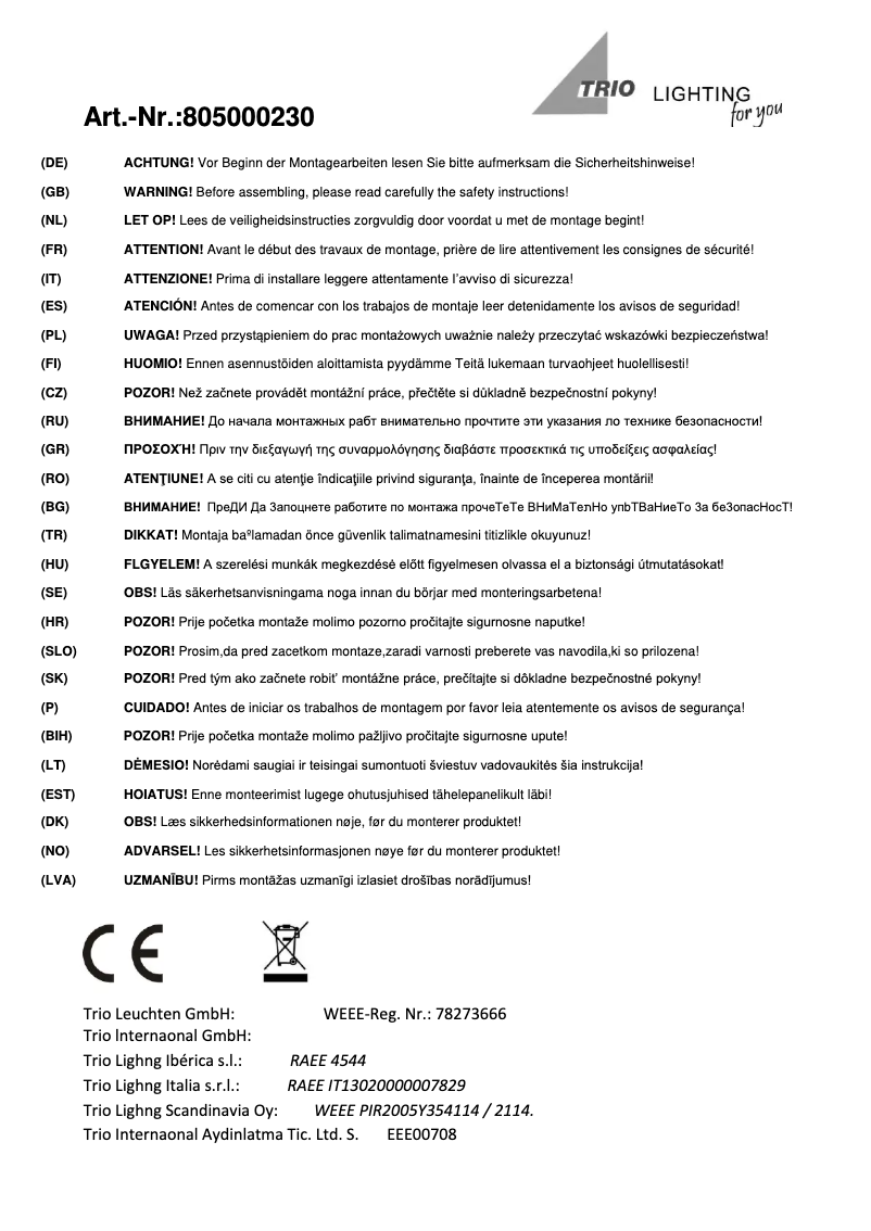 Page 1 de la notice Manuel utilisateur Trio Lighting Timber 805000230