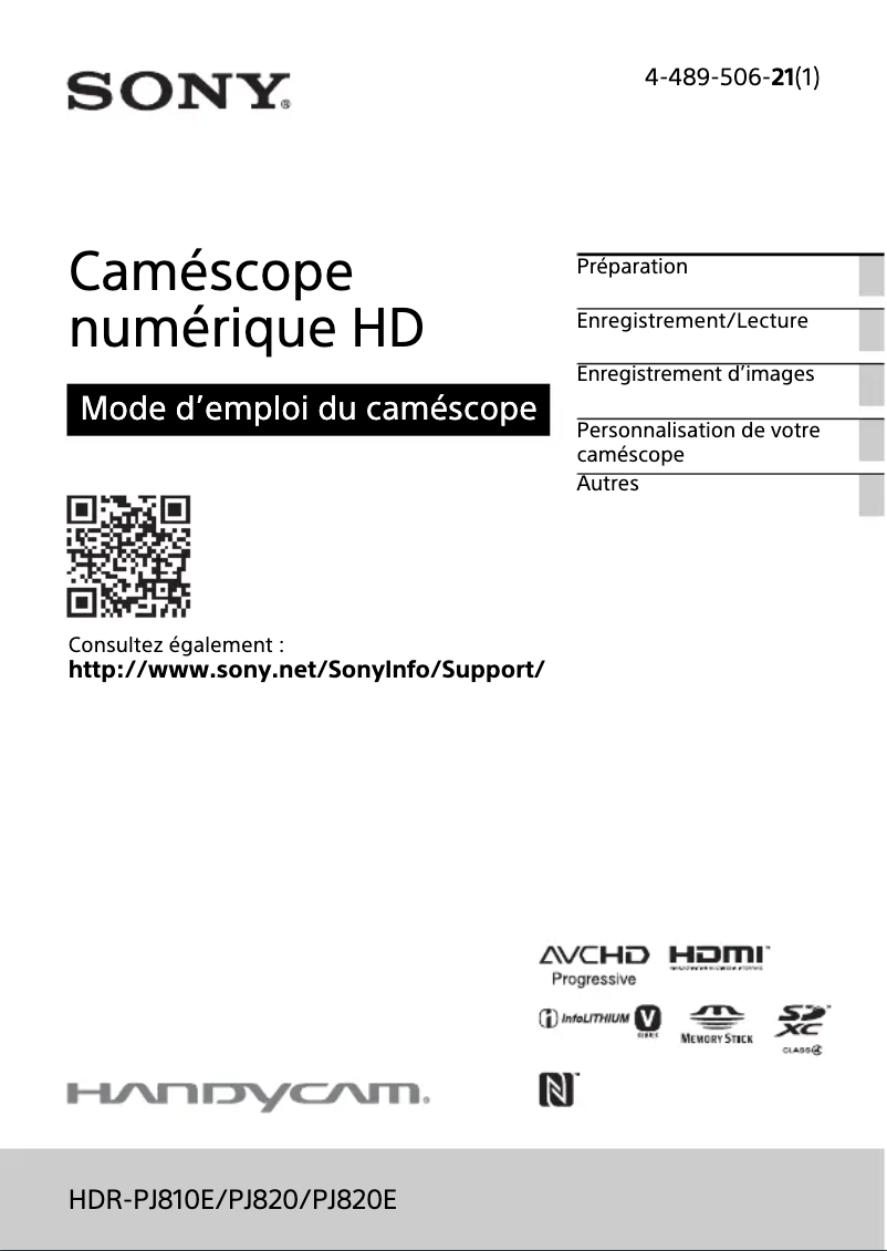 Page 1 de la notice Manuel utilisateur Sony HDR-PJ810E