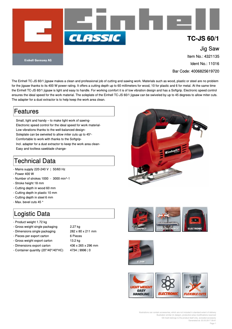 Page n°1 - Fiche technique Einhell TC-JS 60/1