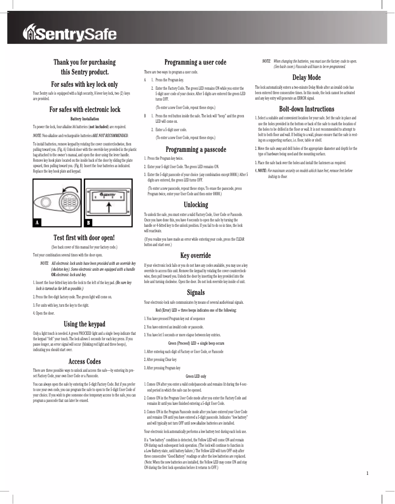Page n°1 - Manuel utilisateur Sentry T6-331