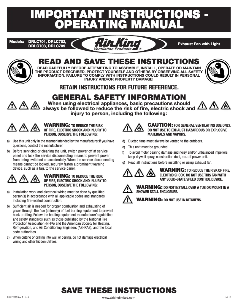Page 1 de la notice Instructions / montage Air King DRLC701