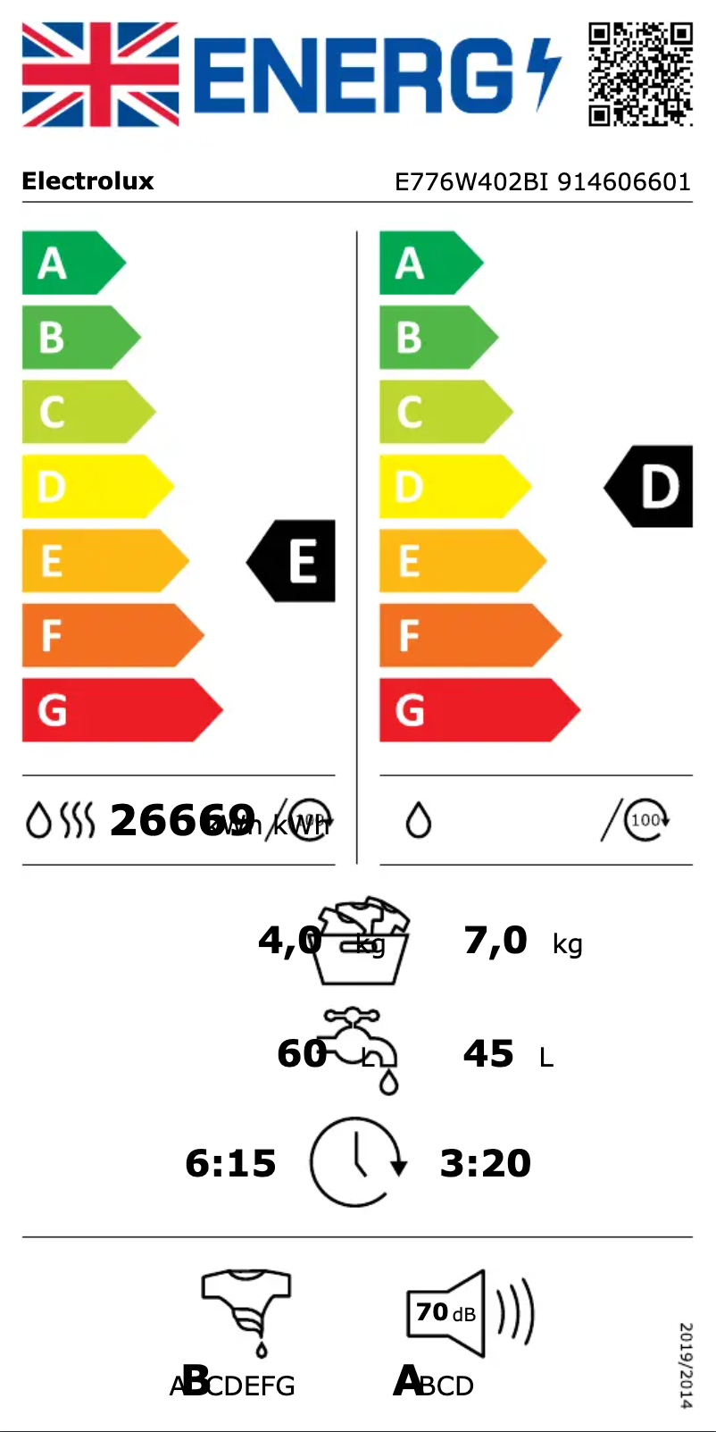 Page 1 de la notice Label énergétique Electrolux E776W402BI